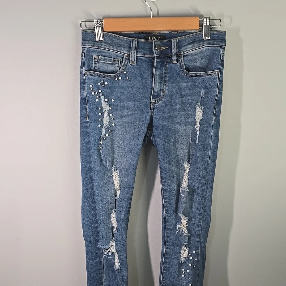 Buffalo David Bitton Jeans Womens Size 2 Blue Distressed Embellished Details - Picture 3 of 16
